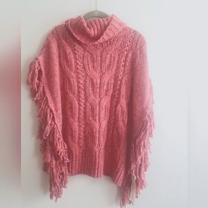 Happy X Nature Fringe Cable Knit Sweater Poncho~ Size Large/X-Large